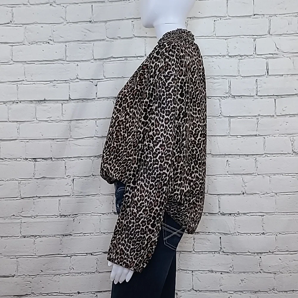 J Crew Long Sleeve Leopard Smocked Mock Neck Blouse/Shirt in Brown/Black - NWT